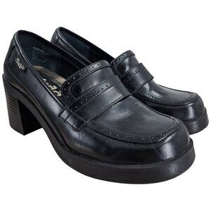 Vintage Y2K Mudd Faux Leather Chunky Heels Size 7 Loafers Platform Goth Black